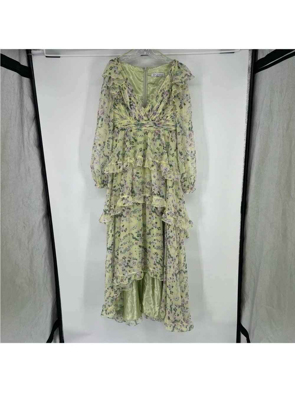 Mac Duggal Pale Green Floral V Neck Ruffled Chiffon Maxi Dress Evening Gown 8 - Picture 3 of 9
